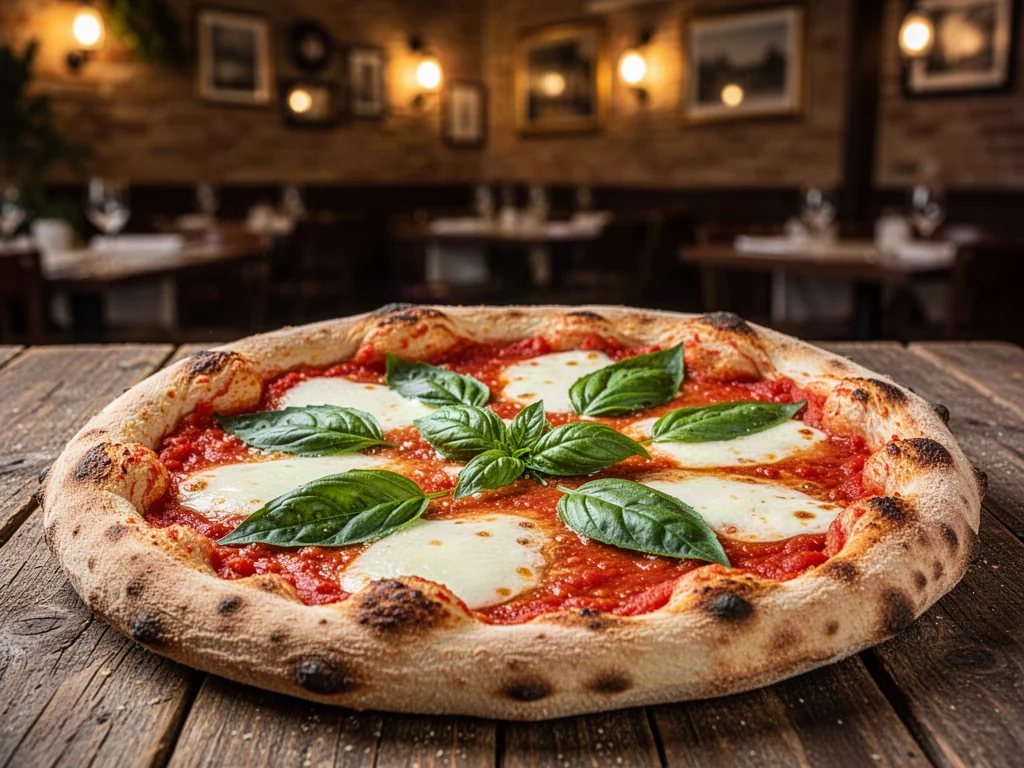 Świeża pizza neapolitańska z mozzarellą i bazylią na drewnianym stole w przytulnej włoskiej restauracji.