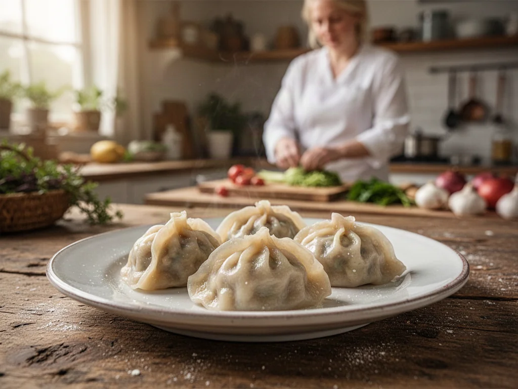 Trzy świeże pierogi na rustykalnym drewnianym stole w przytulnej kuchni, podkreślające ich delikatne, cienkie ciasto.