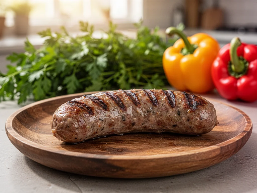 Soczysta grillowana parówka na drewnianym talerzu w otoczeniu świeżych warzyw i ziół.