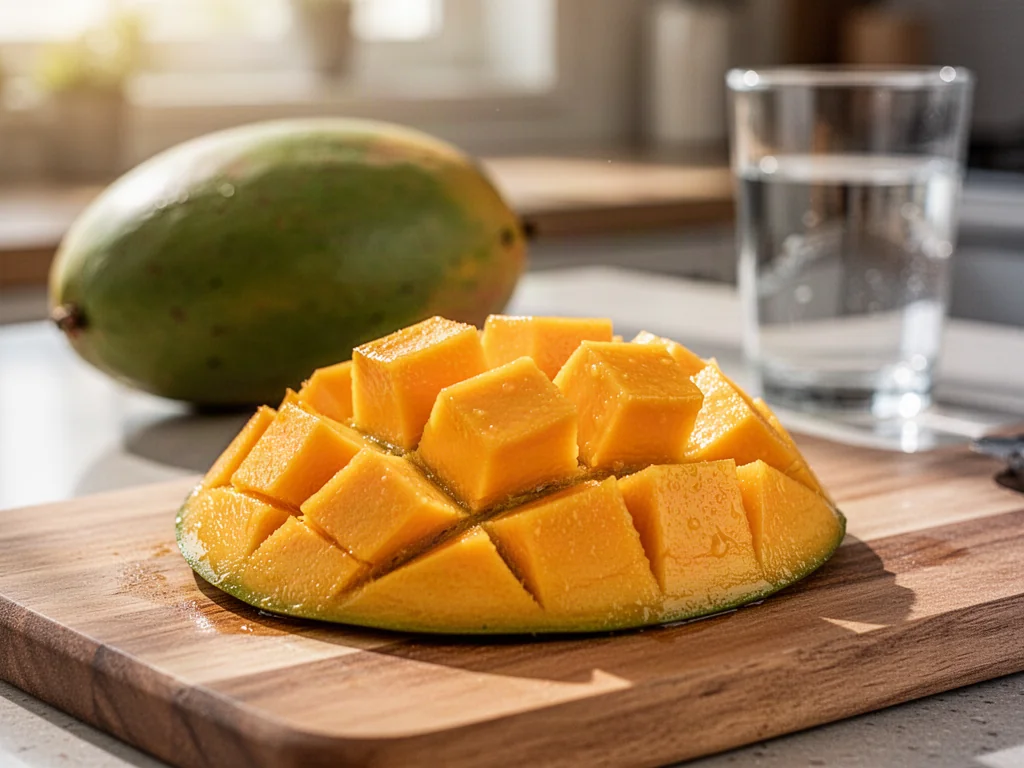 Soczyste, pokrojone mango na drewnianej desce w promieniach słońca, podkreślające świeżość i apetyczny wygląd owocu.
