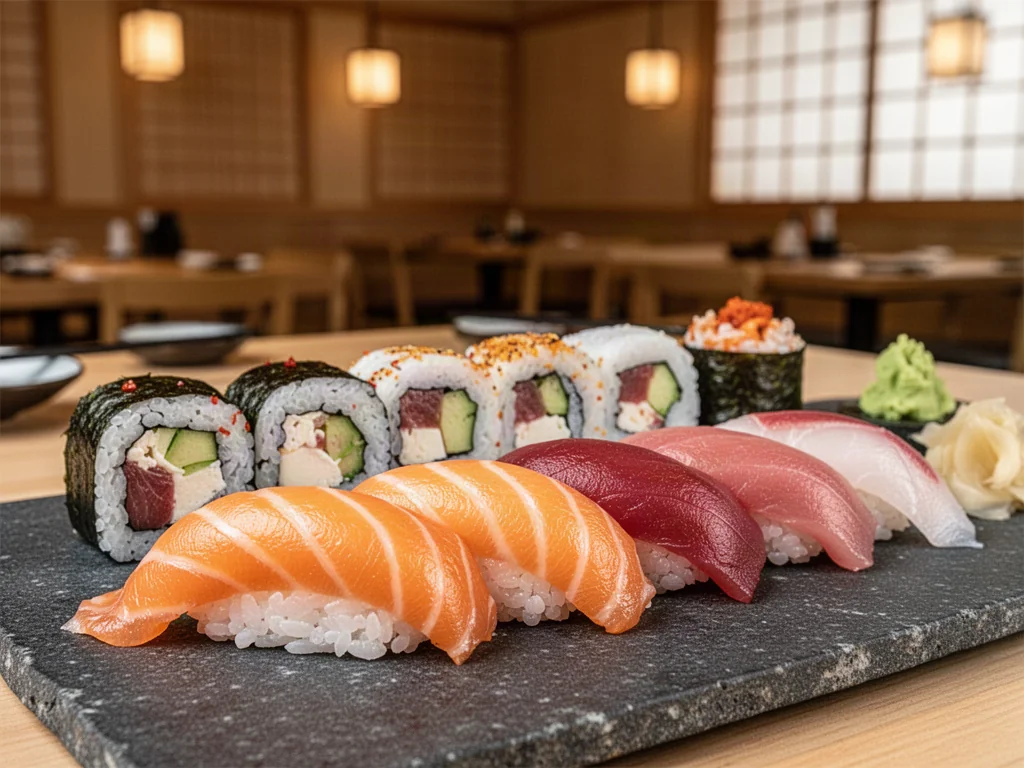 Różnorodne rolki sushi i nigiri z łososiem oraz tuńczykiem podane na eleganckim, ciemnym kamiennym talerzu.